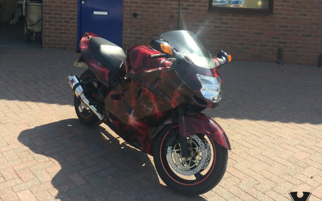Motorcycle Hydro Dipped in Red Lightening