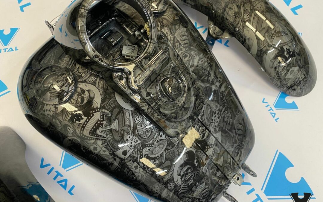 Harley Davidson Tank and Fenders hydro dipped in silver dice of death