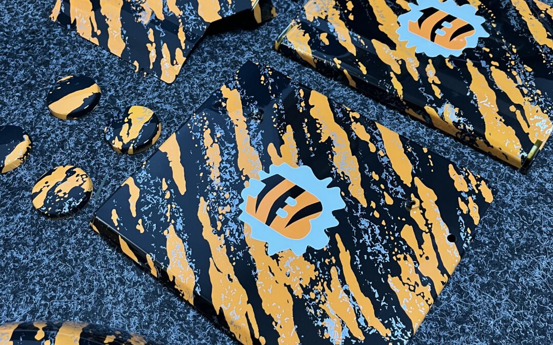 Mobility Panels Dipped In Orange Marble Splash with Custom White Logo