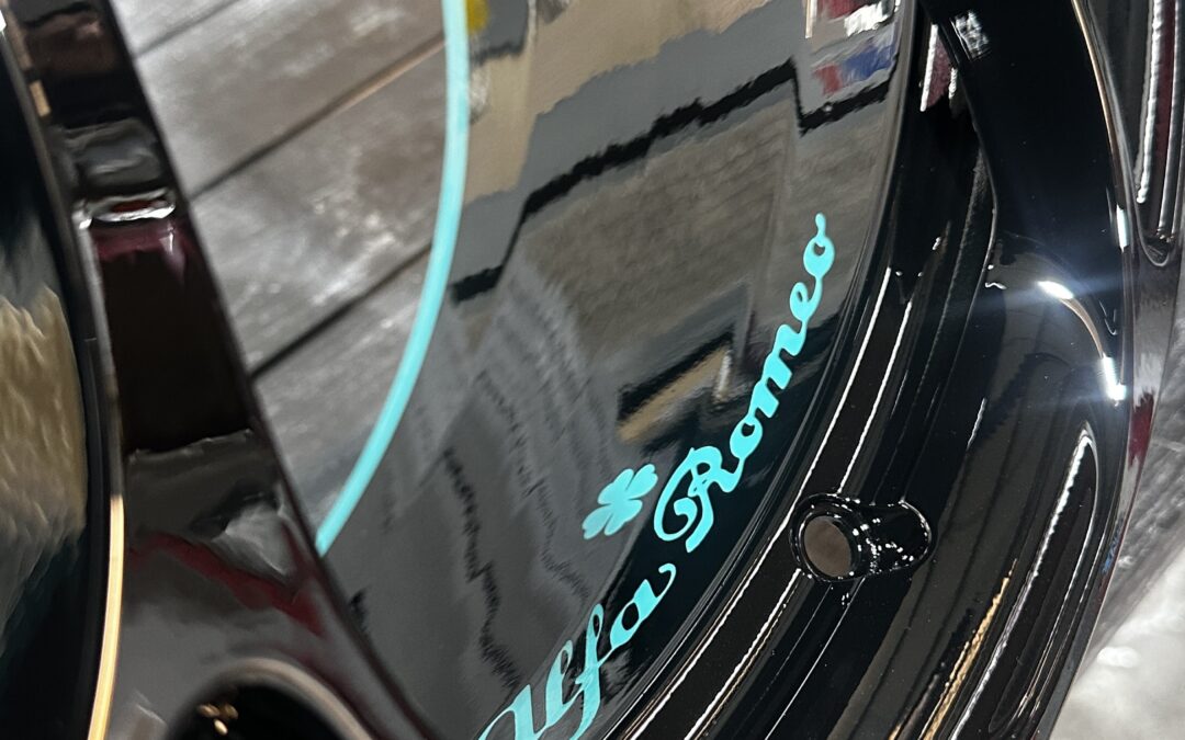 Alfa Romeo Giulia Alloys Refinished in Gloss Black with Custom Teal Detailing