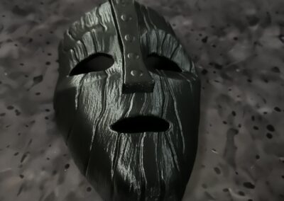 3D Printed Mask Painted in Satin Black, carved grain close-up