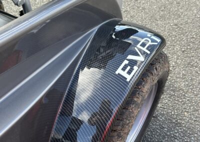 Golf Powerchair Finished in Carbon Fibre and Anthracite with Custom Logos, mudguard with Evri logo