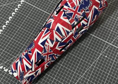 Prosthetic Leg Cover Hydro Dipped in Union Jack, side view