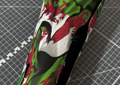 Prosthetic Leg Cover Hydro Dipped in Welsh Flag, side view