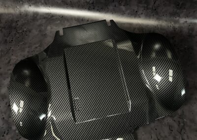 Quickie Powerchair Shroud Hydro Dipped in Carbon Fibre, shroud angled view